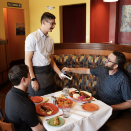 Customers at a restaurant table pay for their meal using a credit card.