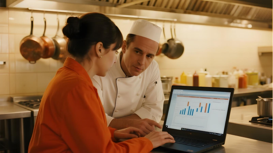 Two restaurant employees in a kitchen reviewing a graph on a laptop.