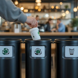 A customer recycles his paper cup at a restaurant