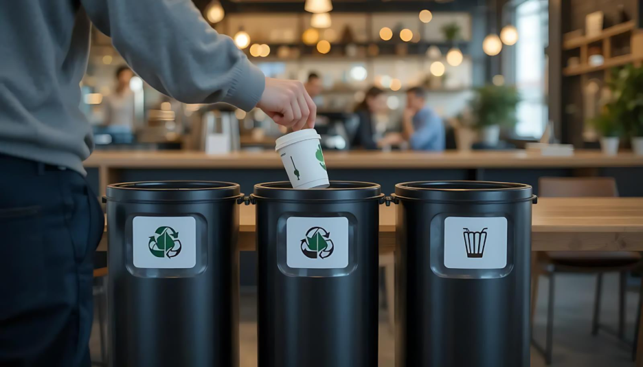 A customer recycles his paper cup at a restaurant