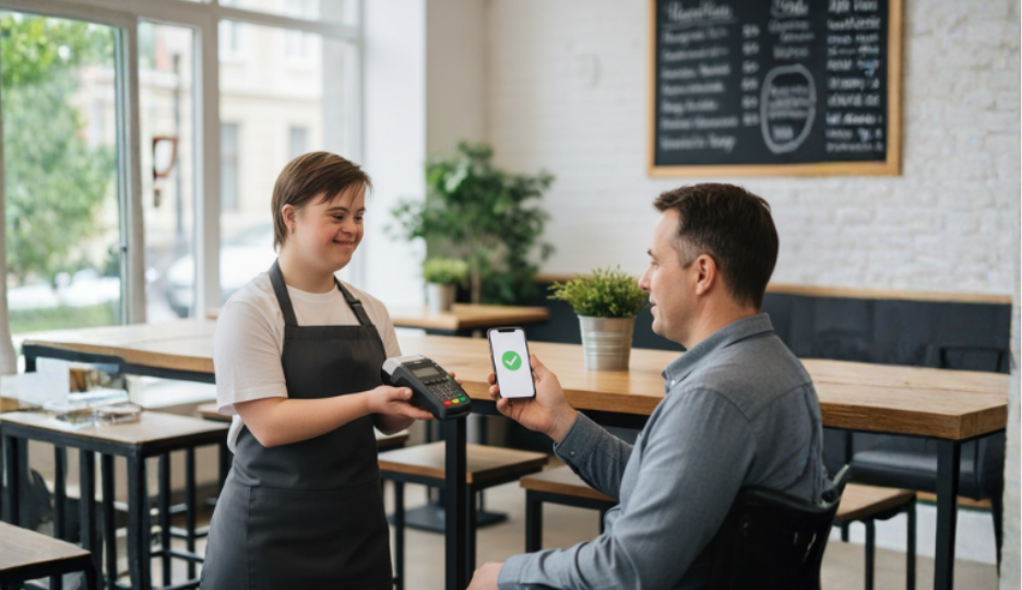 A man uses his phone to tap to pay for his meal at a restaurant.