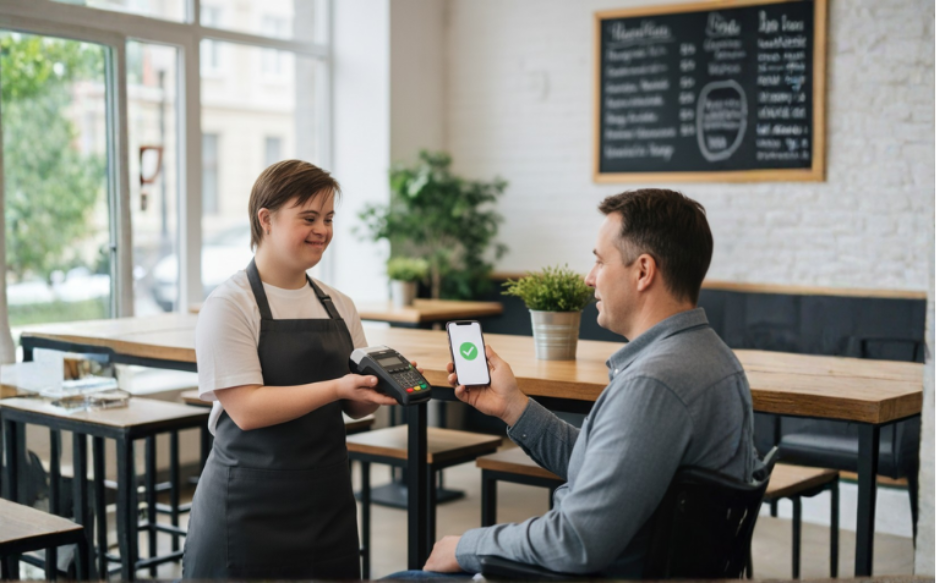 A man uses his phone to tap to pay for his meal at a restaurant.