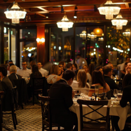 Lots of guests seated at a packed restaurant.