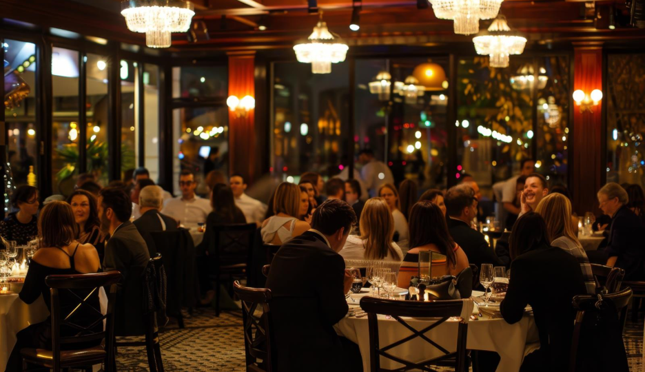 Lots of guests seated at a packed restaurant.