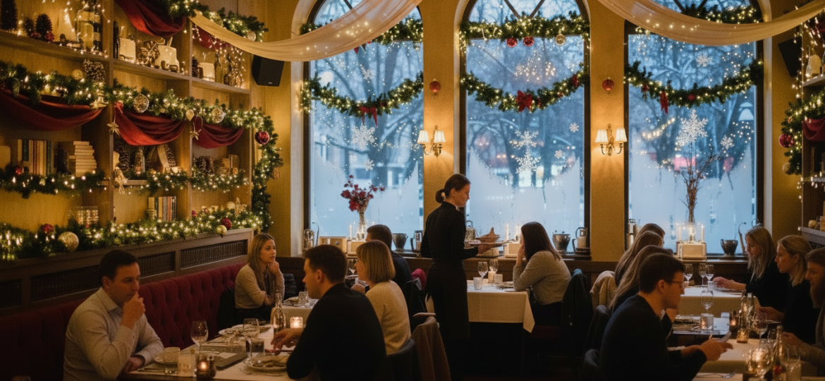 Wait staff working at a busy restaurant during the holidays