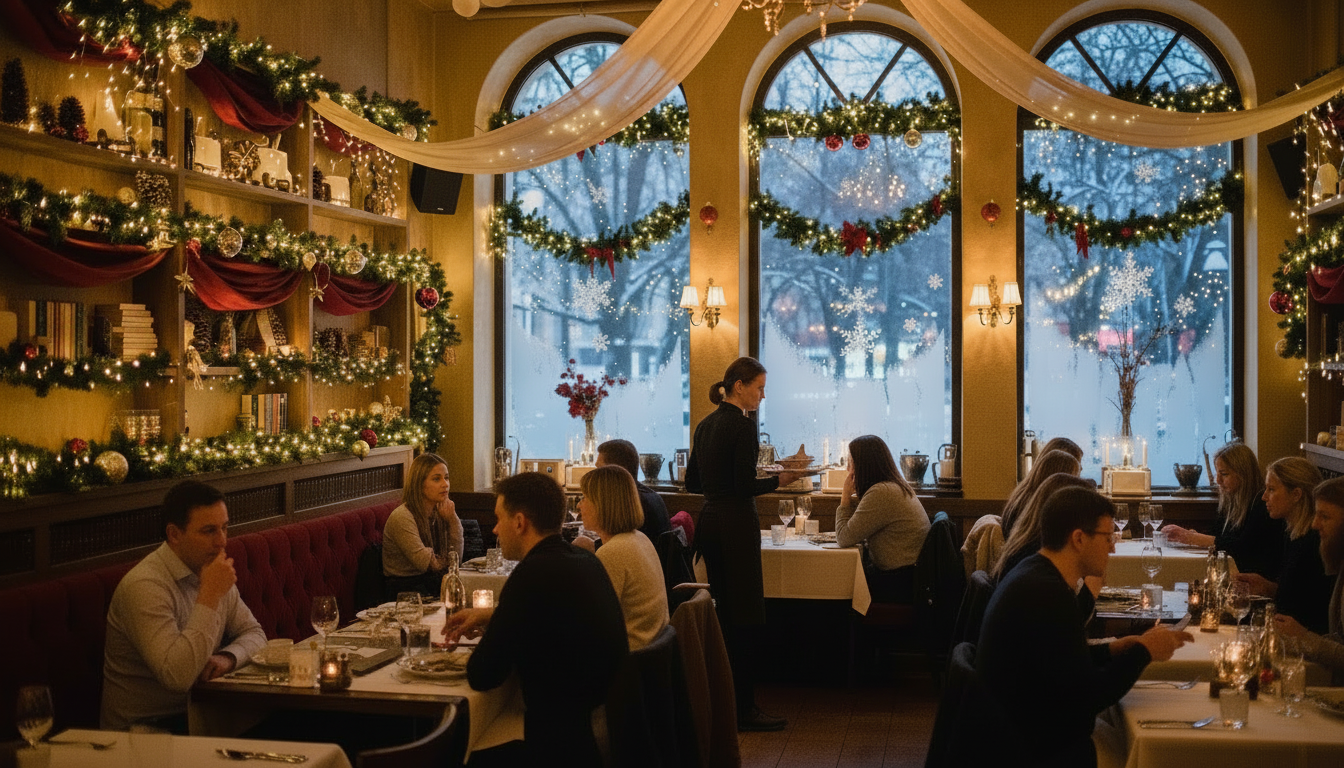 Wait staff working at a busy restaurant during the holidays